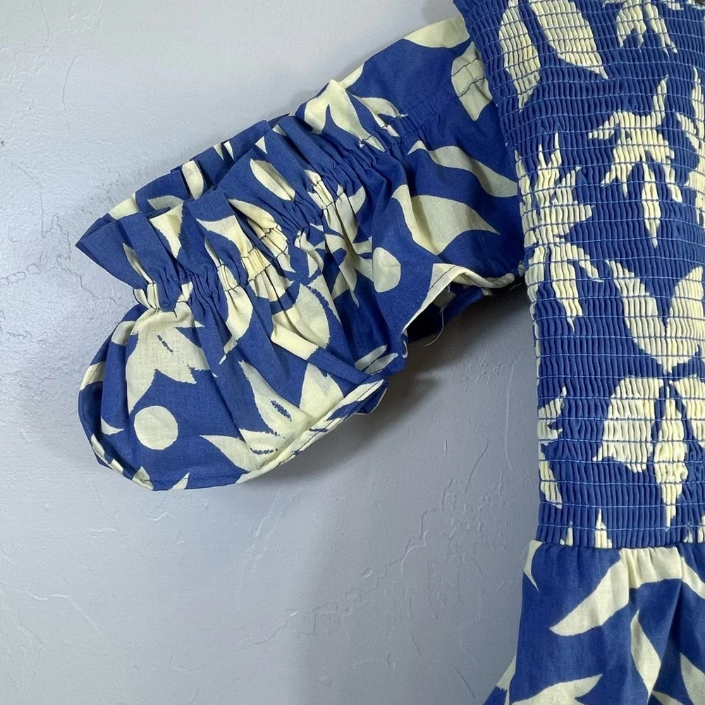 Zara Blue Cream Floral Ruffle Bandeau Off Shoulder Summer Mini Dress Size XXL - Picture 5 of 8